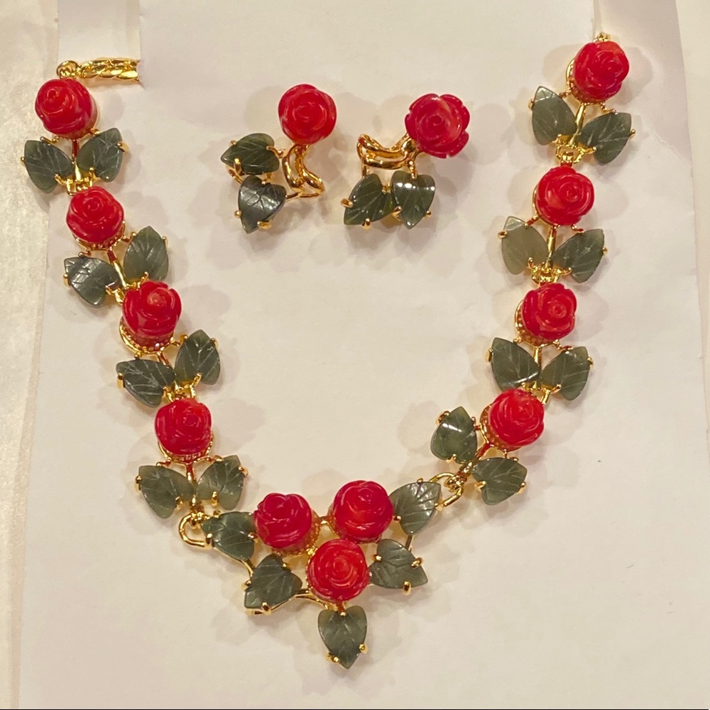 22ct gold plated dark orange coral rose jade leaves  set